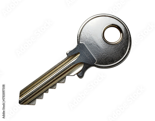 Silver Metal Key Isolated on White Background with Full Depth of Field
