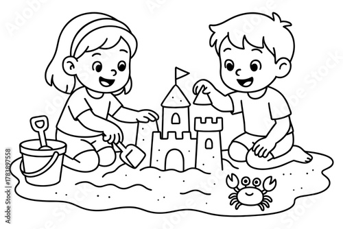 Kids building sandcastle: cartoon beach fun with boy and girl coloring page