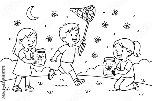 Kids catching fireflies at night in a playful cartoon style