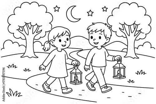 Children walking with lanterns under the night sky in a nature landscape