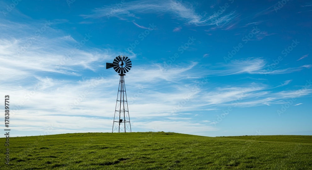 Obraz premium Windmill on a grassy hill under a bright blue sky
