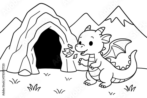 Cute cartoon dragon breathing fire in black and white cave scene with mountains