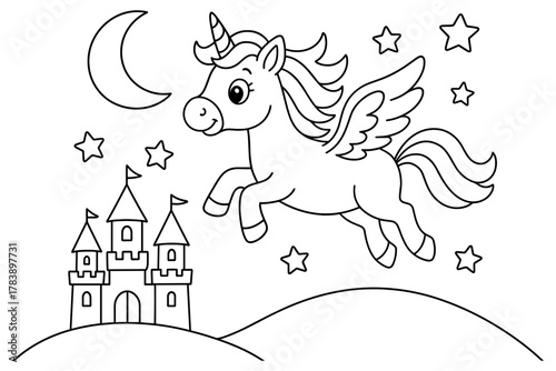 Whimsical unicorn with wings and castle under moonlit sky coloring page