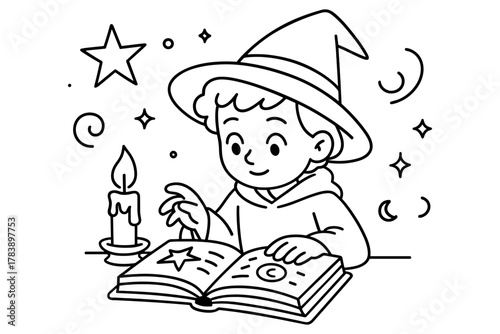 Little wizard in a hat reading a magical book by candlelight in black and white