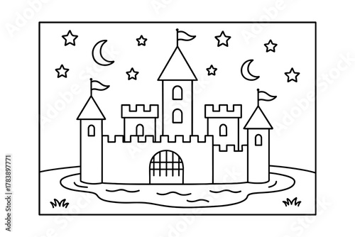 Medieval castle with stars and moon in simple line art