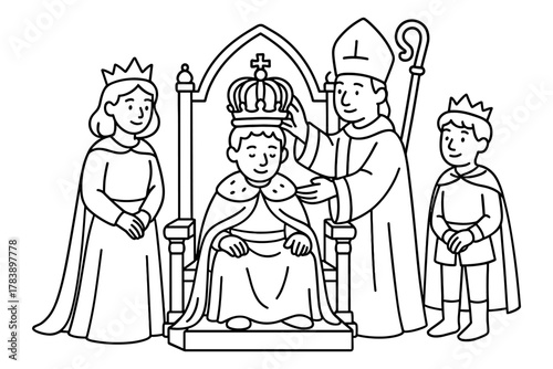 Medieval coronation ceremony in linear art style with king and royal court