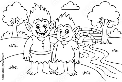 Cartoon trolls by a stream in black and white coloring page