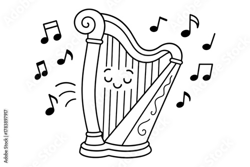 Cute harp cartoon with musical notes and smiling face