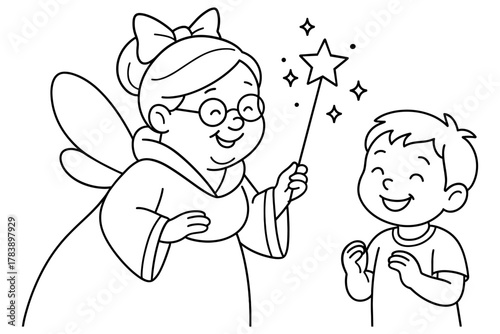 Fairy godmother and child coloring page with magical star wand