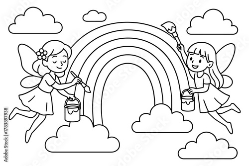 Fairy friends painting rainbow in sky with clouds and smiles