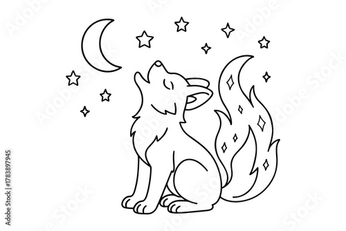 Stylized fox howling at the moon with stardust tail in night sky design