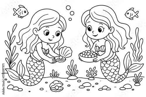 Cute mermaid coloring page with sea creatures and shells for kids' activities