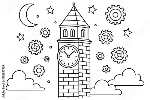 Linear clock tower with gears and celestial elements in night sky