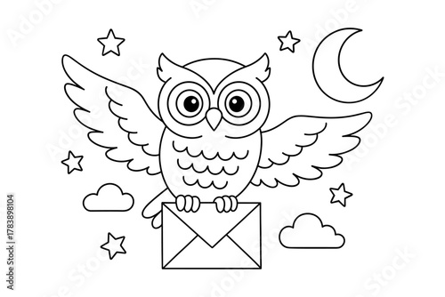 Whimsical owl delivering a letter under the night sky in line art