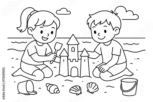 Children playing on beach building sandcastle coloring page for kids