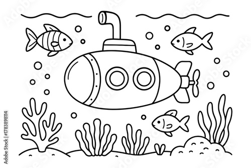 Submarine adventure: underwater scene with fish and coral in black and white