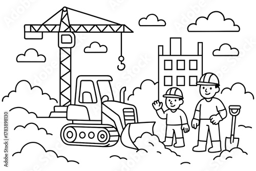 Construction site coloring page with workers and machinery in outline style