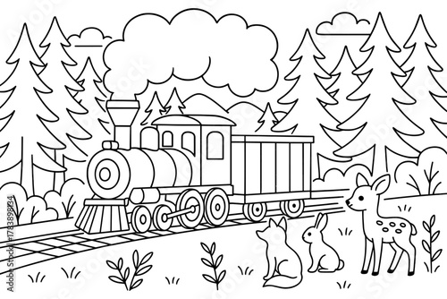 Whimsical train journey in forest: line art for children's coloring adventures