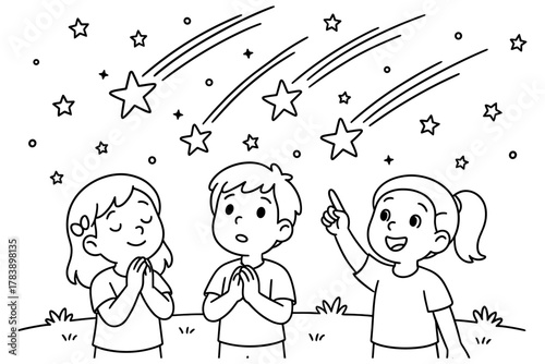 Children gazing at shooting stars with wonder in night sky drawing