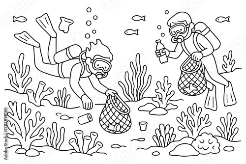 Scuba divers collecting ocean trash in coral reef line art