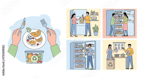 Set of illustrations depicting conscious consumption, food waste reduction, and recycling at home.