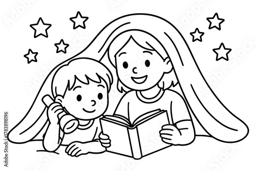 Kids reading under a blanket fort at night with stars in a cute cartoon style drawing