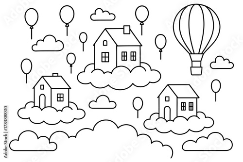 Whimsical cloud village with hot air balloons and floating houses in linear style