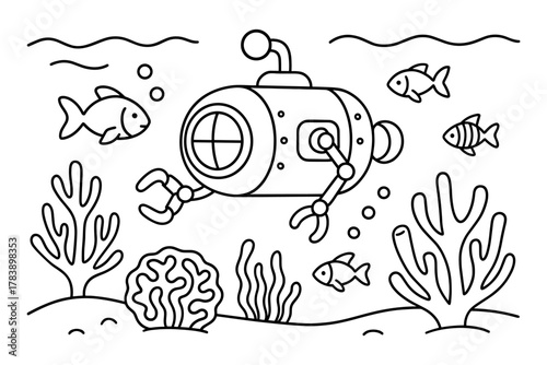 Exploration submarine underwater with fish and coral in linear black and white style