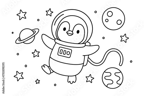 Space adventure penguin coloring page for kids with cute cartoon astronaut theme