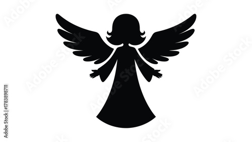 A simple black silhouette of a classic angel with large feathered wings and a flowing gown standing gracefully against a white background silhouette