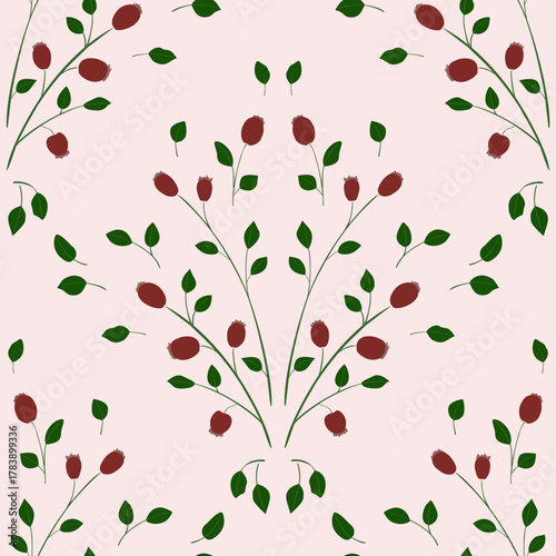 Dog rose seamless pattern on light pink background 