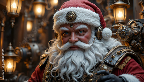 Steampunk santa claus with a serious expression and intricate mechanical details
