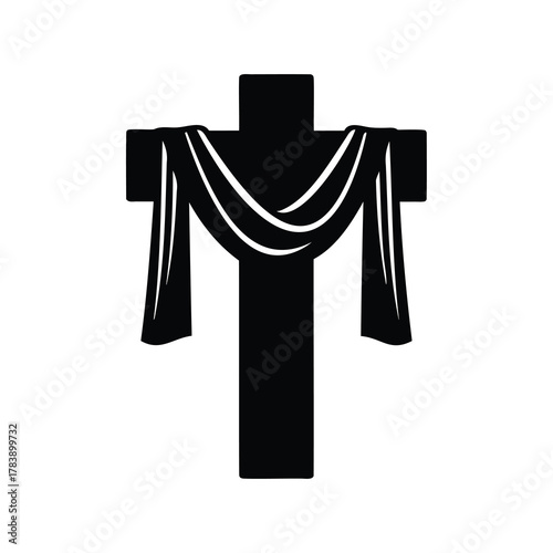 Black Christian Cross with Drape Vector Illustration for Easter, Lent, and Religious Design Projects, Isolated on White Background