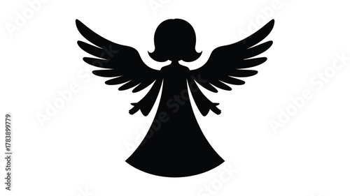 A classic elegant black silhouette of a winged angel with outstretched arms and a flowing gown against a white background symbolizing peace and hope silhouette