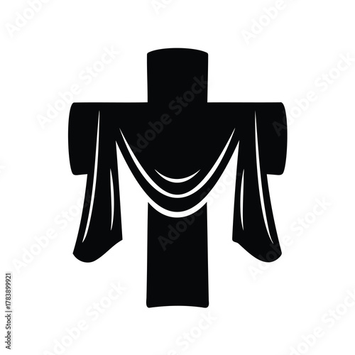 Black Christian cross with draped fabric vector illustration, symbolizing mourning, Easter, or religious faith, isolated on a white background for design elements.