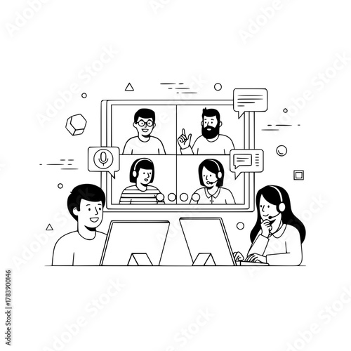 Diverse smiling professionals engage in a virtual video conference call from a modern digital work environment displaying collaborative online meetings and communication icons for a landing page