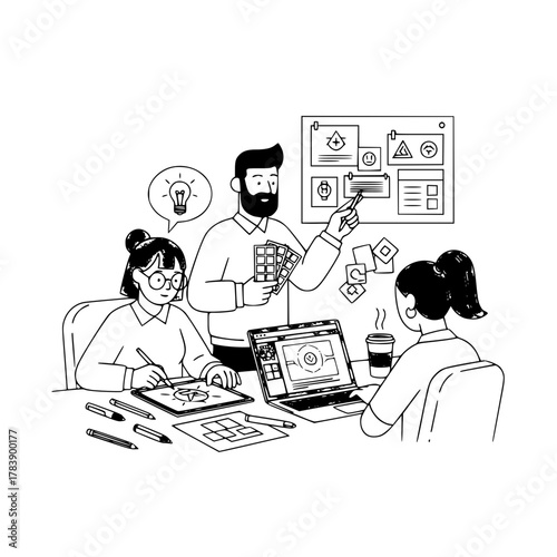 Three creative design professionals collaboratively developing digital strategy and user experience elements in a dynamic office workspace for an effective landing page