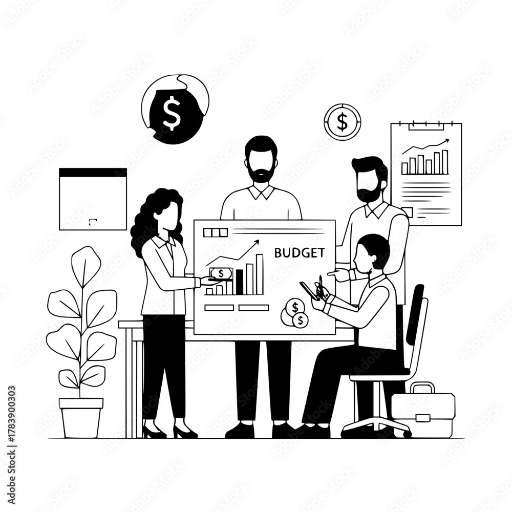 Fototapeta premium Diverse business team of professionals analyzing budget data in a modern collaborative office workspace for strategic financial planning on a landing page