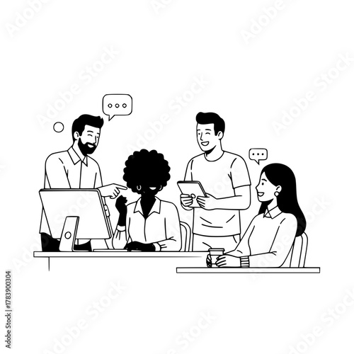 A diverse team of four multinational professionals collaborating on digital project strategy in a modern productive office discussing landing page optimization using technology