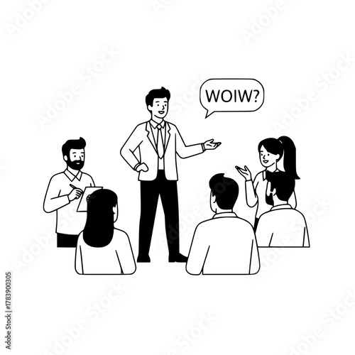 Five diverse business professionals actively discussing strategies in a collaborative interactive workshop setting with a presenter posing a creative inquiry for landing page optimization