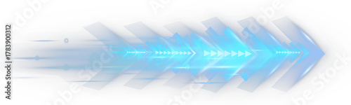 Futuristic blue glowing arrows with motion blur and light streak effect on dark background.