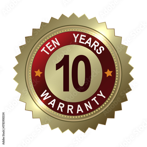Round and rectangular emblems in gold color with the text ten year product warranty.