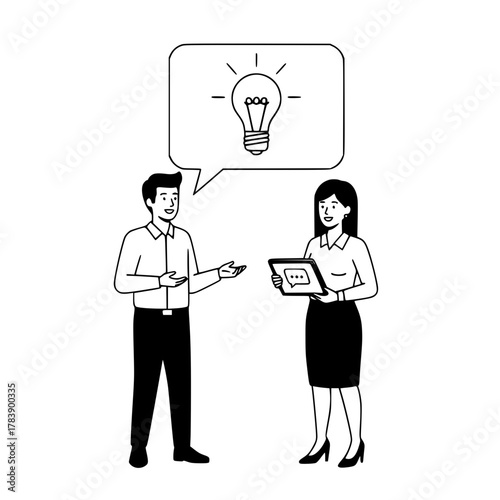 Two corporate business professionals generating creative ideas in a modern minimalist virtual discussion optimizing digital strategy for a landing page