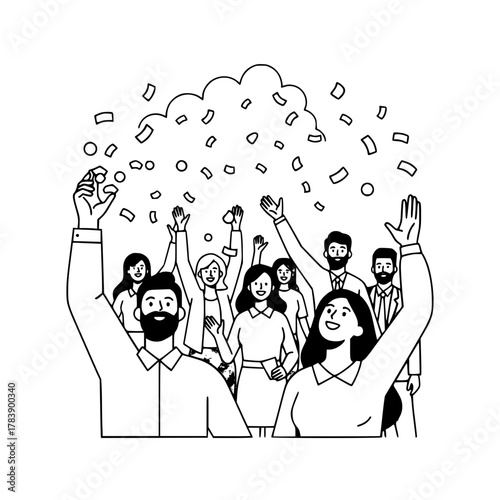 Group of diverse enthusiastic happy professionals celebrating success with raised hands in a joyful collaborative business workplace environment under a shower of confetti