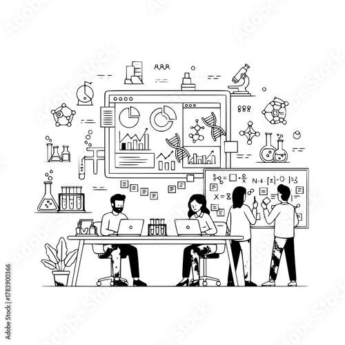 Diverse professionals collaborating analyzing data and formulas in a modern laboratory setting displaying scientific innovation and technological progress