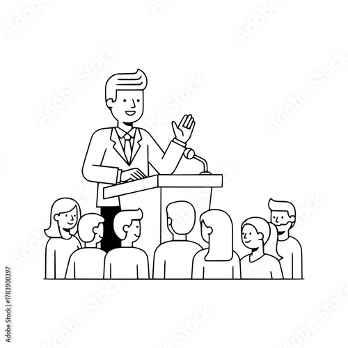 Smiling professional male speaker delivering a presentation while gesturing to an attentive diverse audience from a podium with a microphone perfect for clear landing page communication