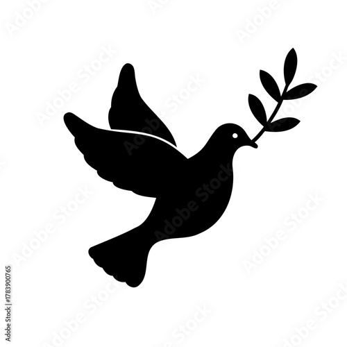 Black silhouette of a flying dove holding an olive branch in its beak, symbolizing peace, hope, and freedom, isolated vector illustration for graphic design elements