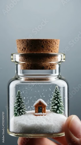 Hand holding a small glass bottle with a miniature winter scene inside. Christmas holiday creative concept.
