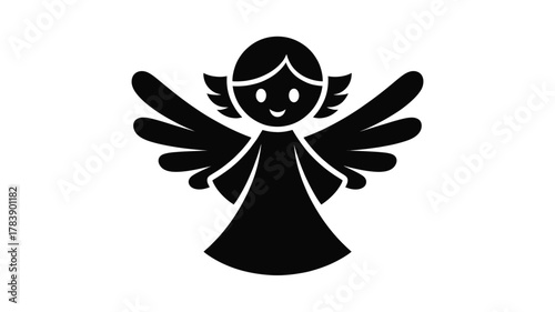 A stylized black silhouette of a friendly cartoon angel with outstretched wings and a cheerful expression perfect for holiday or religious themes silhouette