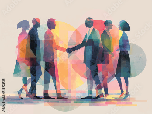 Abstract Business Deal Illustration With Handshake and Watercolor Effect People